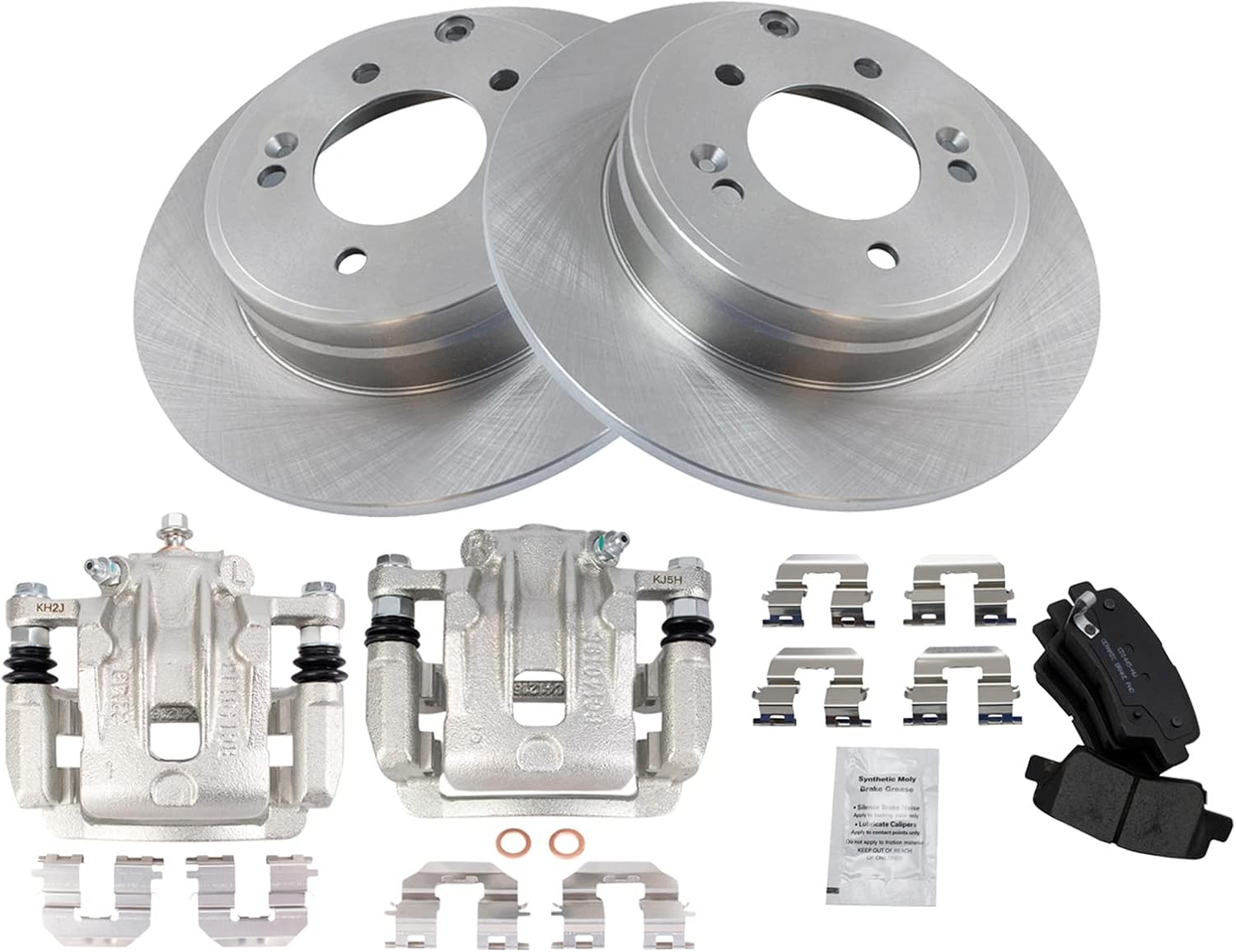TRQ Rear Brake Pad and Rotor Set Ceramic Solid Rotors Calipers Compatible with 2012-2017 Hyundai Azera 2011-2015 Kia Optima