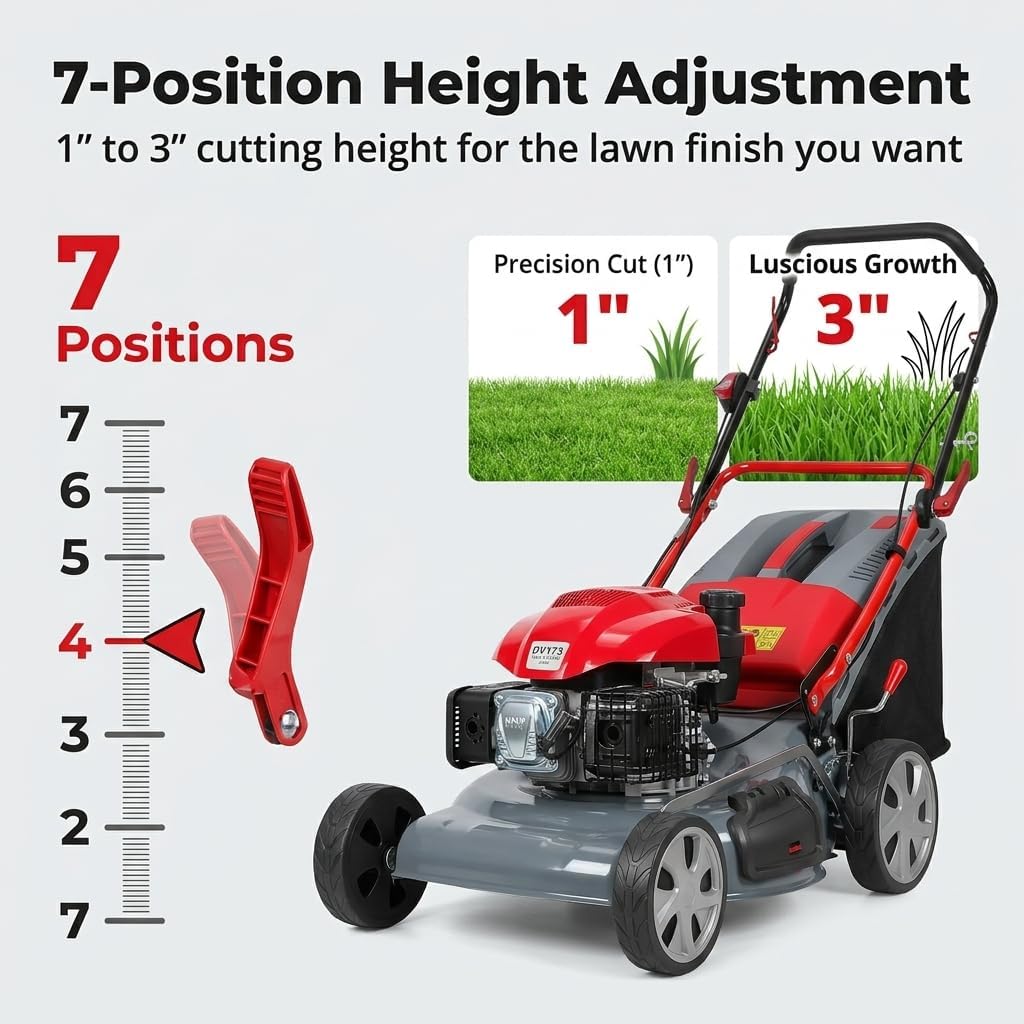 173cc Gas Lawn Mower, Self-Propelled Rear Wheel Drive, Adjustable 3-Speed Settings, 20' Cutting Width, 60L Grass Catcher, Ideal for Large Lawns, Easy Start & Efficient Grass Collect Red