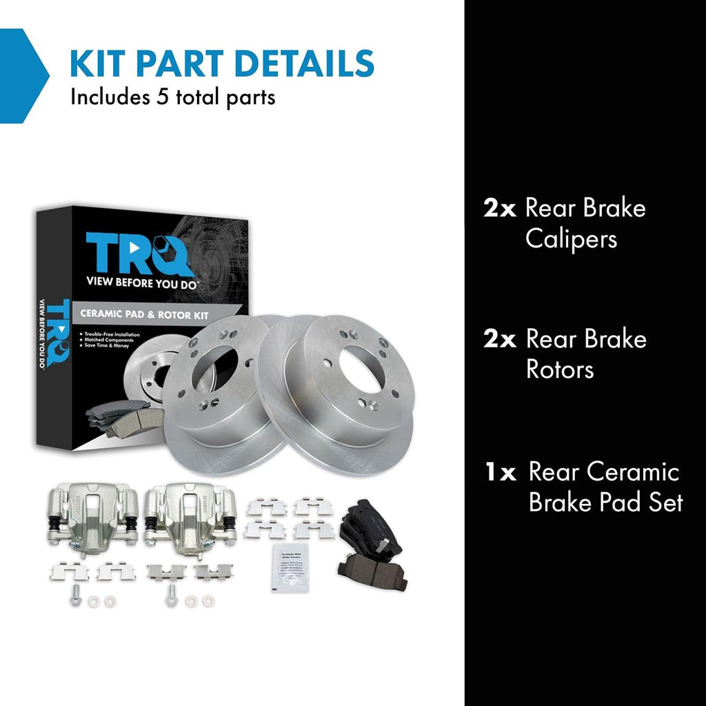 TRQ Rear Brake Pad and Rotor Set Ceramic Solid Rotors Calipers Compatible with 2006-2008 Hyundai Sonata 2005-2009 Tucson 2006-2010 Kia Optima 2005-2010 Sportage