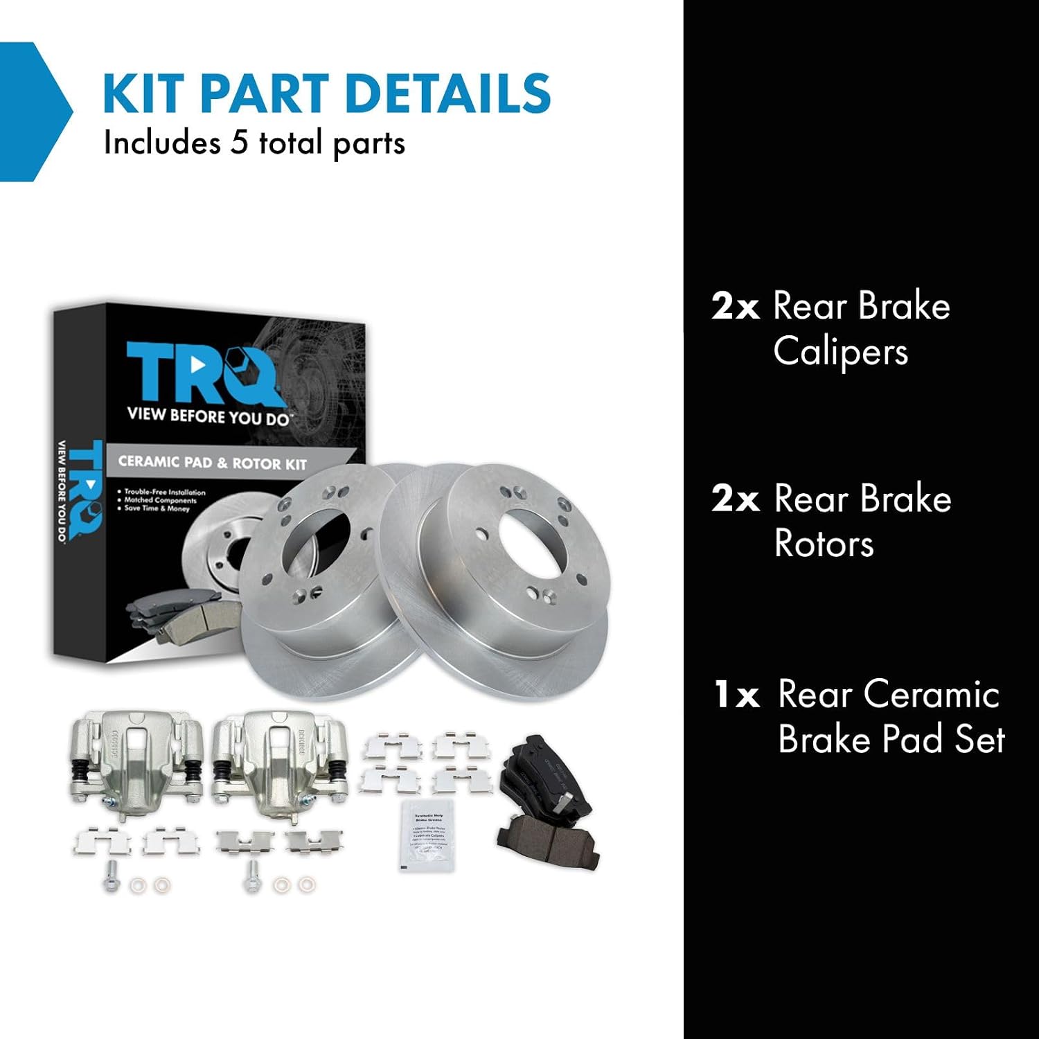 TRQ Rear Brake Pad and Rotor Set Ceramic Solid Rotors Calipers Compatible with 2006-2008 Hyundai Sonata 2005-2009 Tucson 2006-2010 Kia Optima 2005-2010 Sportage