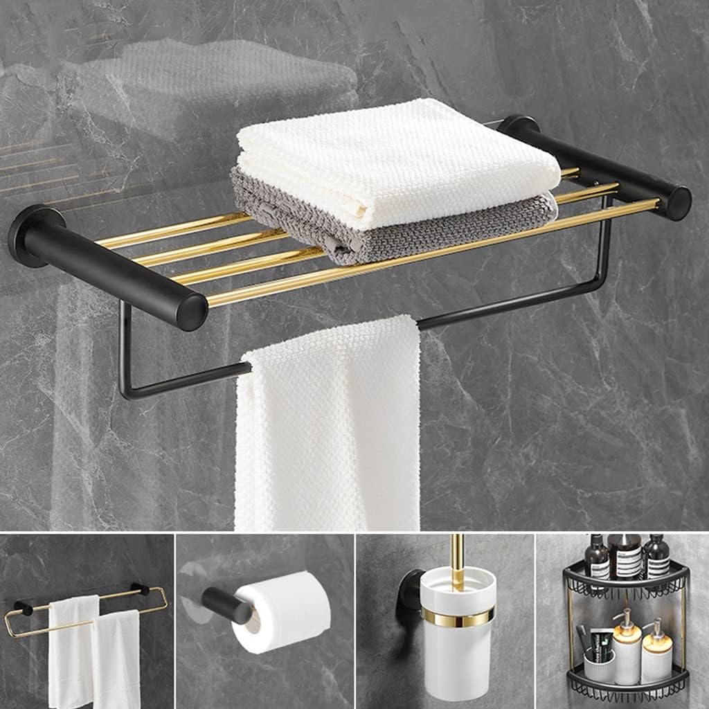 LSLYTQ Black Gold Towel Rack Rail Bar, Bathroom Hardware Set, Wall Mounted Bathroom Towel Shelf