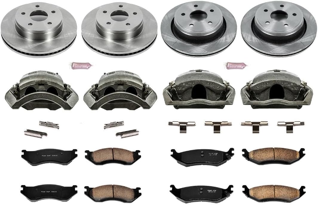 PowerStop Front and Rear Brake & Caliper Kit for Dodge Ram 1500 2003-05 - Ceramic Brake Pads + Calipers + Disc Rotors Replacement, KCOE2168