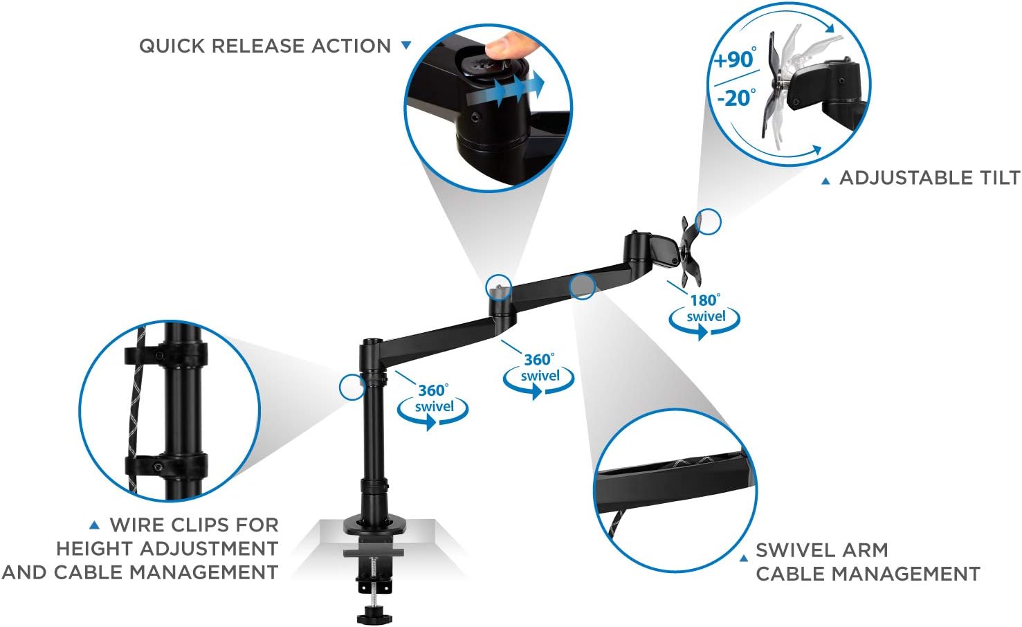 Mount-It! Premium Modular Monitor Desk Mount Arm Stand | Single Tilt Swivel Arm Fits 19 21.5 24 27 32 Inch Computer Screens with 75 100 VESA Patterns | C-Clamp and Grommet Bases | Black