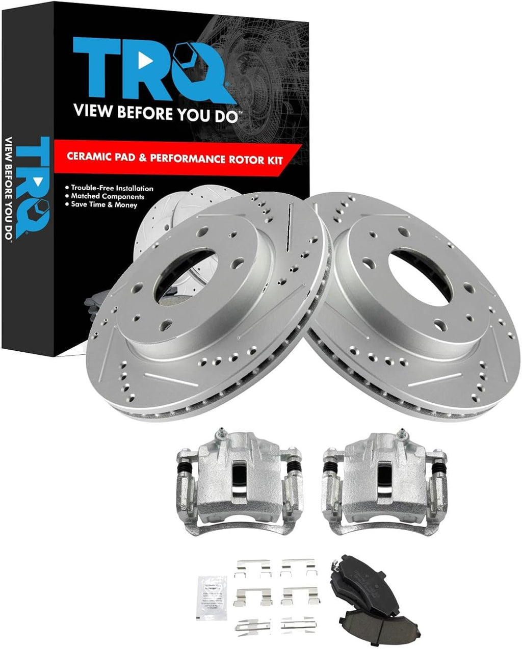 TRQ Performance Front Brake Pad and Rotor Set Ceramic Drilled Slotted Coated Rotors Calipers Compatible with 2002-2005 Hyundai Elantra