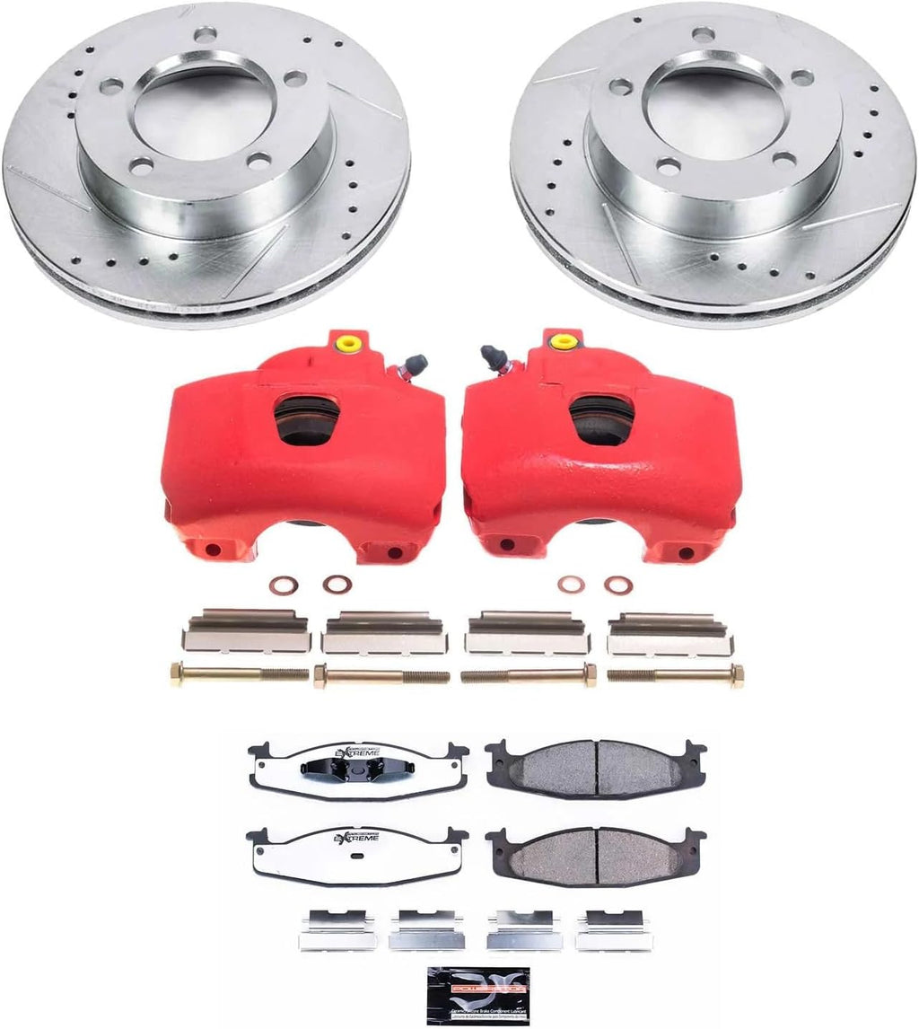 PowerStop Front Brake & Caliper Kit for Ford Bronco 1994-96 | Ford F-150 1994-96 - Drilled & Slotted Disc Rotors + Z36 Brake Pads + Red-Powder Coated Calipers, KC5067-36