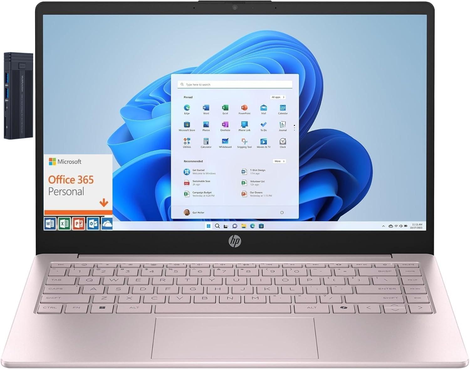 HP 14' HD Laptop, Intel Processor N150, 32GB RAM 1TB SSD, Wi-Fi 6, Bluetooth, HDMI, 128gb 9H Docking Station, Microsoft 365 Personal, Windows 11 Home, Tranquil Pink