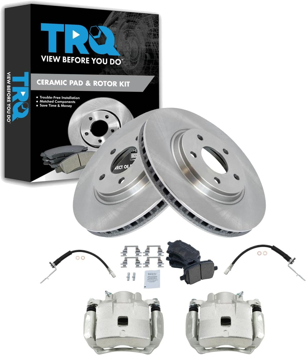 TRQ Front Brake Pad and Rotor Set Ceramic Rotors Calipers Hoses Compatible with 2005-2007 Chevrolet Cobalt 2008-2010 HHR 2007-2008 Pontiac G5 2005 Saturn Ion