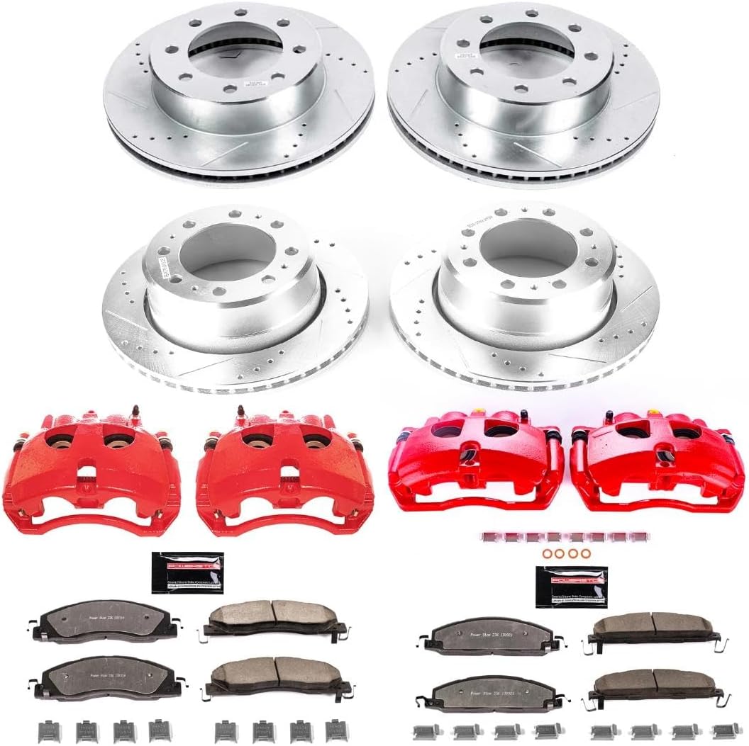 PowerStop Front and Rear Brake & Caliper Kit for Ram 3500 2013-18 - Drilled & Slotted Disc Rotors + Z36 Brake Pads + Red-Powder Coated Calipers, KC7141A-36