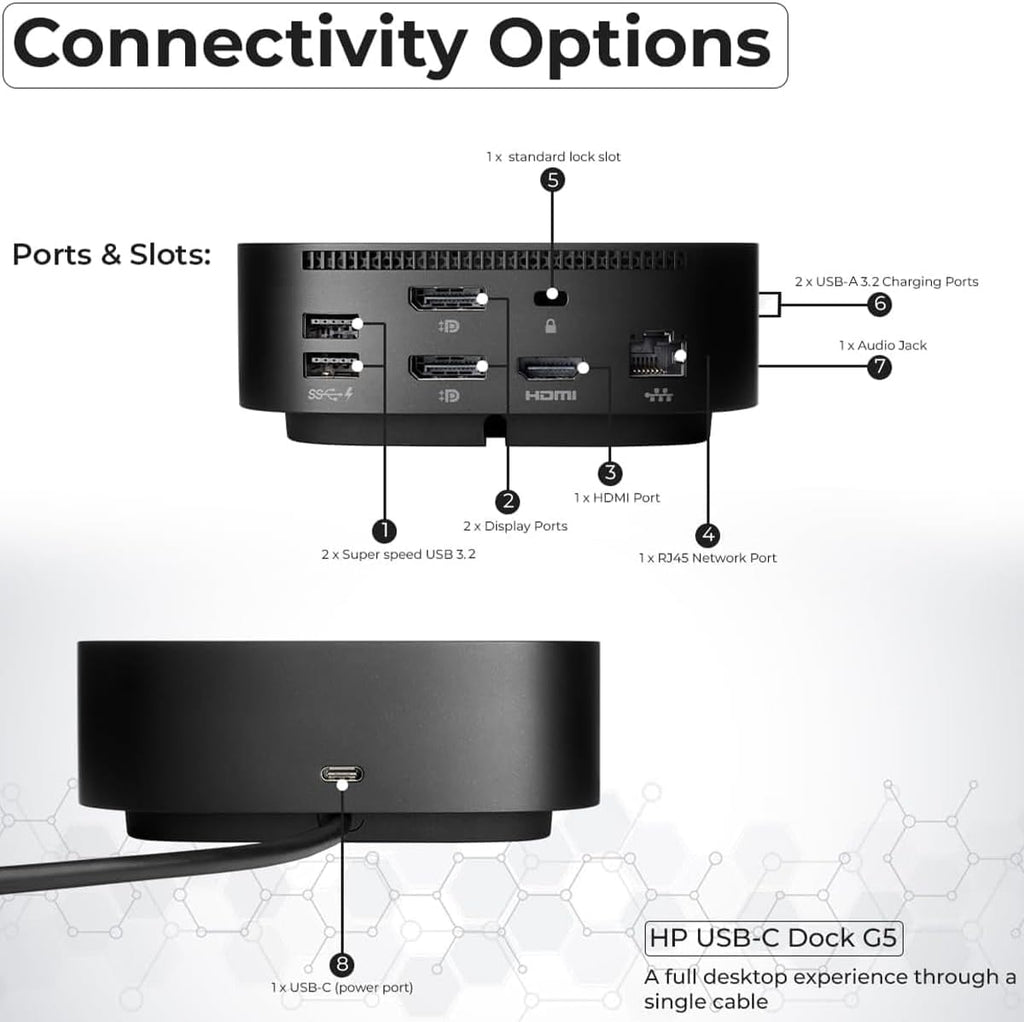 HP Docking Station for Laptop Dual Monitor and Charging Bundle - USB-C G5 Dock 5YH27AV#ABA with 120W Adapter + HDMI Cable + DisplayPort Cable + USB-C Cable + Microfiber Cloth (Renewed)