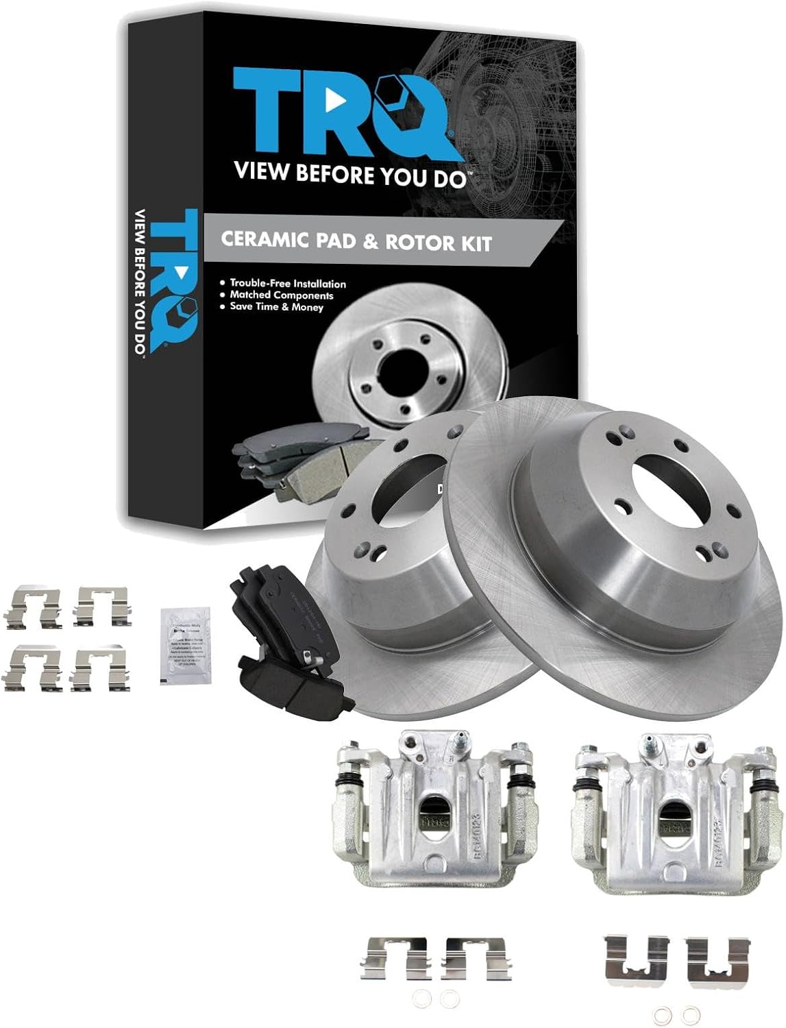 TRQ Rear Brake Pad and Rotor Set Ceramic Rotors Calipers Compatible with 2010-2012 Hyundai Santa Fe 2011-2013 Kia Sorento