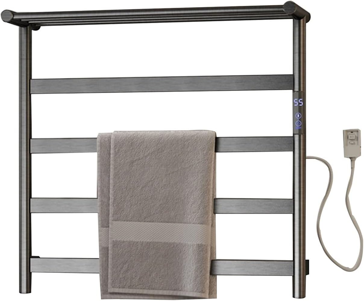 Heated Towel Rack, Double Layer Towel Warmer Heated Towel Rail Heating Drying Rack4-Bar Wall Mounted Towel Warmer Energy Efficient Electric Plug in Heated Towel Rack for Bathroom (Gray)