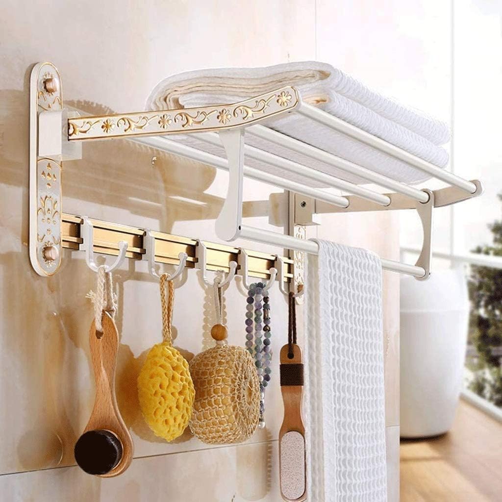 Bath Towel Rack Bathroom Shelves,Foldable Wall Mounted Double Towel Holder with Towel Bar