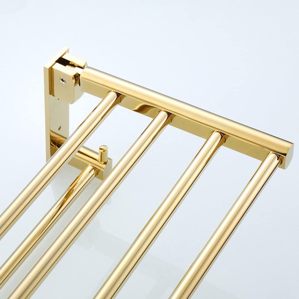 Towel Racks Foldable All Copper Towel Rack with 5 Hooks Towel Bar Wall Mounted Towel Holder Double Towel Shelf Bathroom Accessories Organizer (Color : A-Gold, Size : 59cm)
