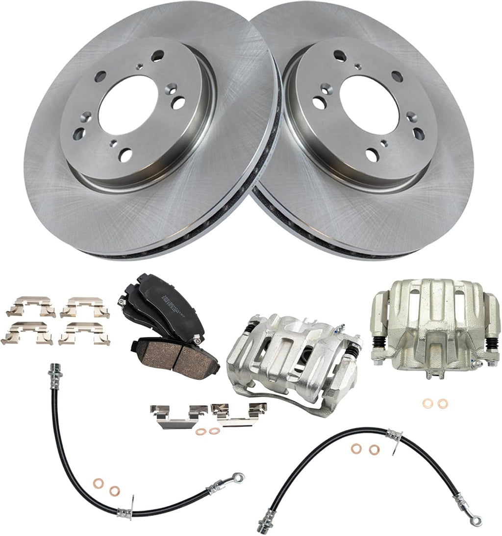 TRQ Front Brake Pad and Rotor Set Ceramic Rotors Calipers Hoses Compatible with 2005-2010 Honda Odyssey