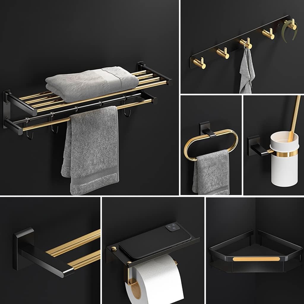 LSLYTQ Black Gold High-end Towel Rack, Bathroom Folding Shelf, Towel Bar, Toilet Paper Holder, Robe Hooks, Bathroom Accessories Kit