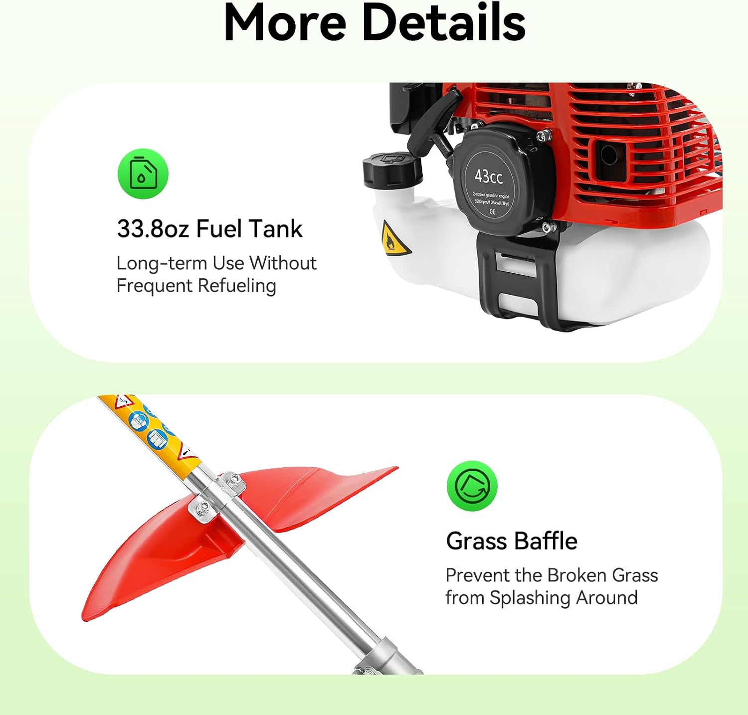 Gas Weed Wacker, 1250W 43CC 2-Stroke Weed Eater 8500RPM High Speed Lawn Edger with Two Blade Heads, Cordless Portable Single-Cylinder Grass Trimmer Tools for Home Garden Lawn Mowing