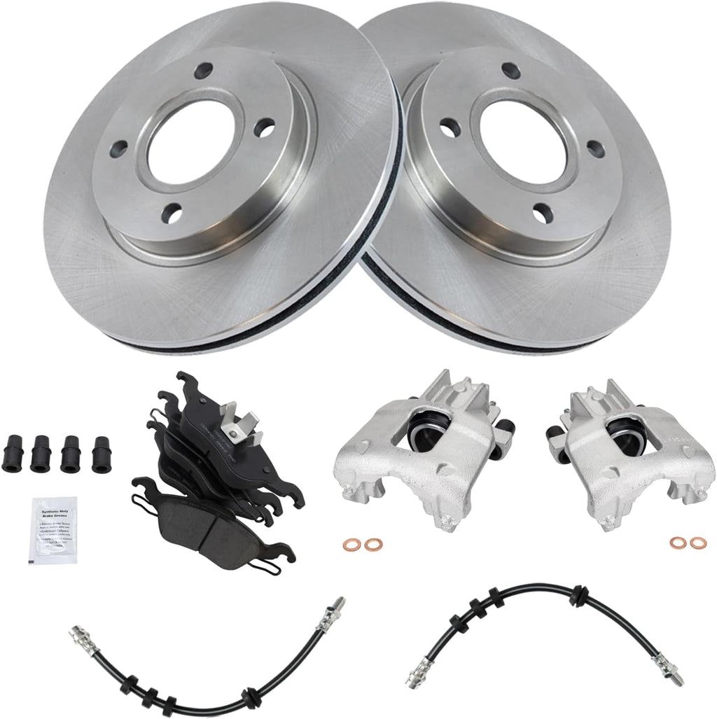 TRQ Front Brake Pad and Rotor Set Ceramic Rotors Calipers Hoses Compatible with 2000-2004 Ford Focus