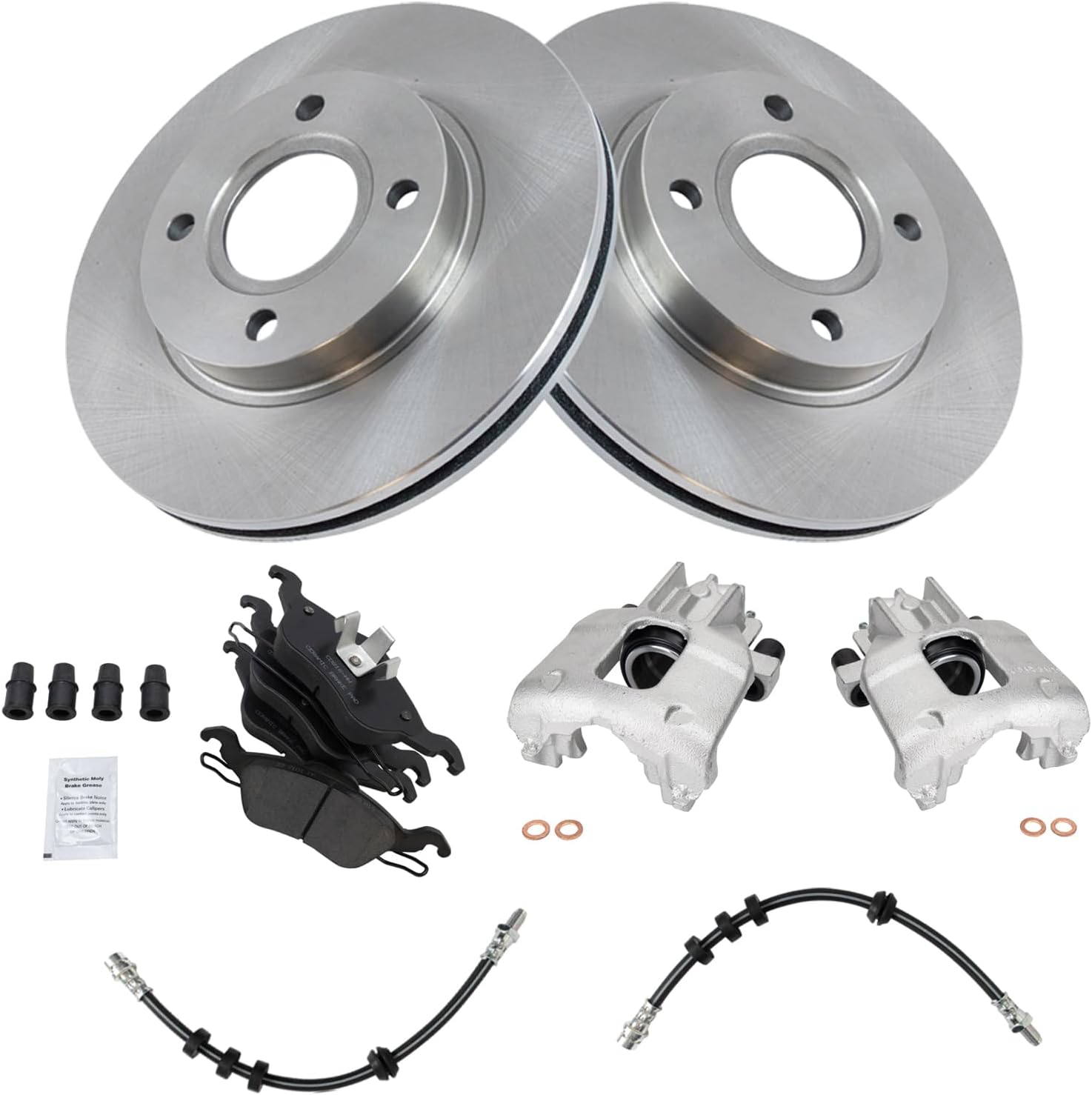 TRQ Front Brake Pad and Rotor Set Ceramic Rotors Calipers Hoses Compatible with 2000-2004 Ford Focus