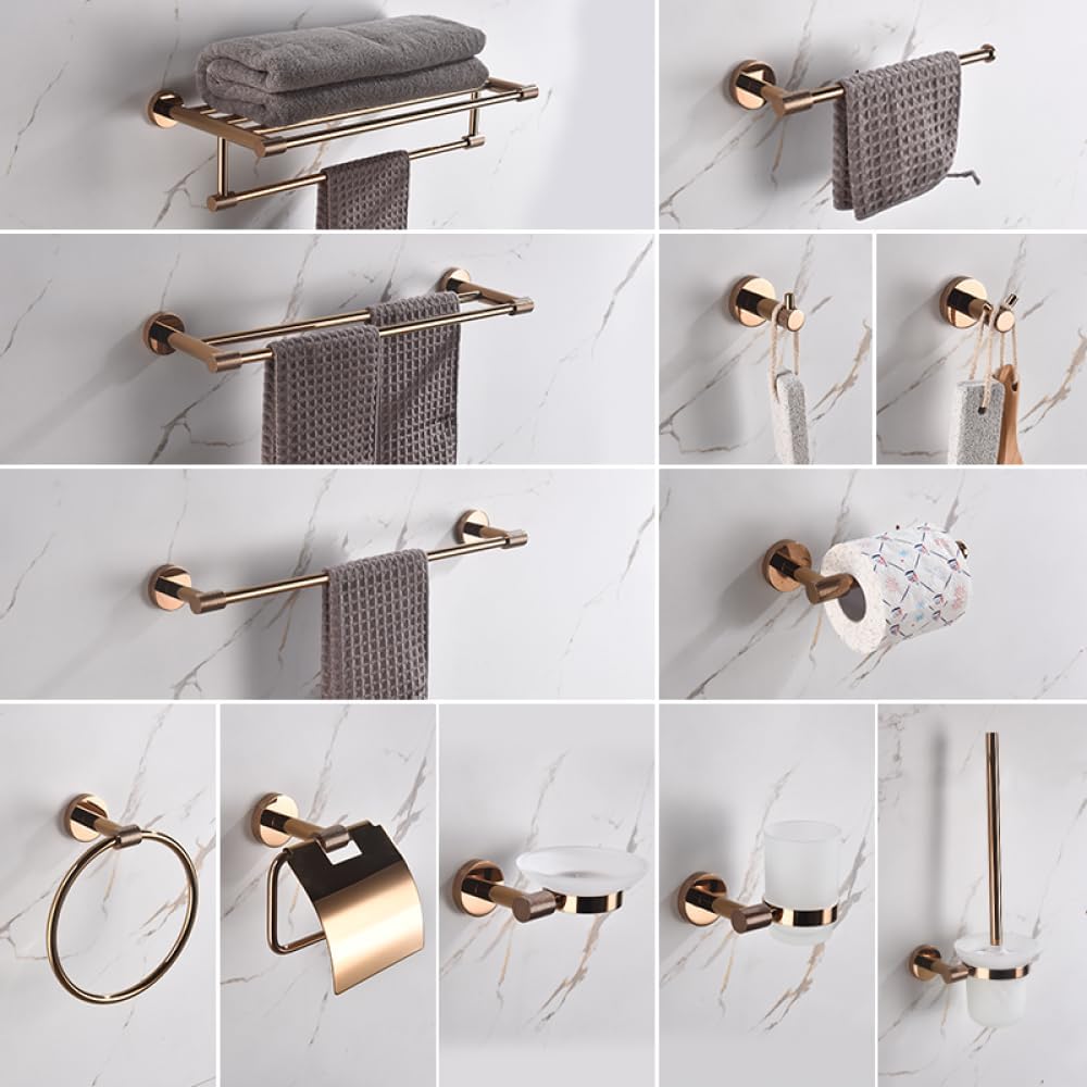 Rose Gold Stainless Steel Wall-Mounted Robe Hooks Toilet Paper Holder Towel Bar Rack Towel Ring Bathroom WC Accessories Sets,Double Towel Bar