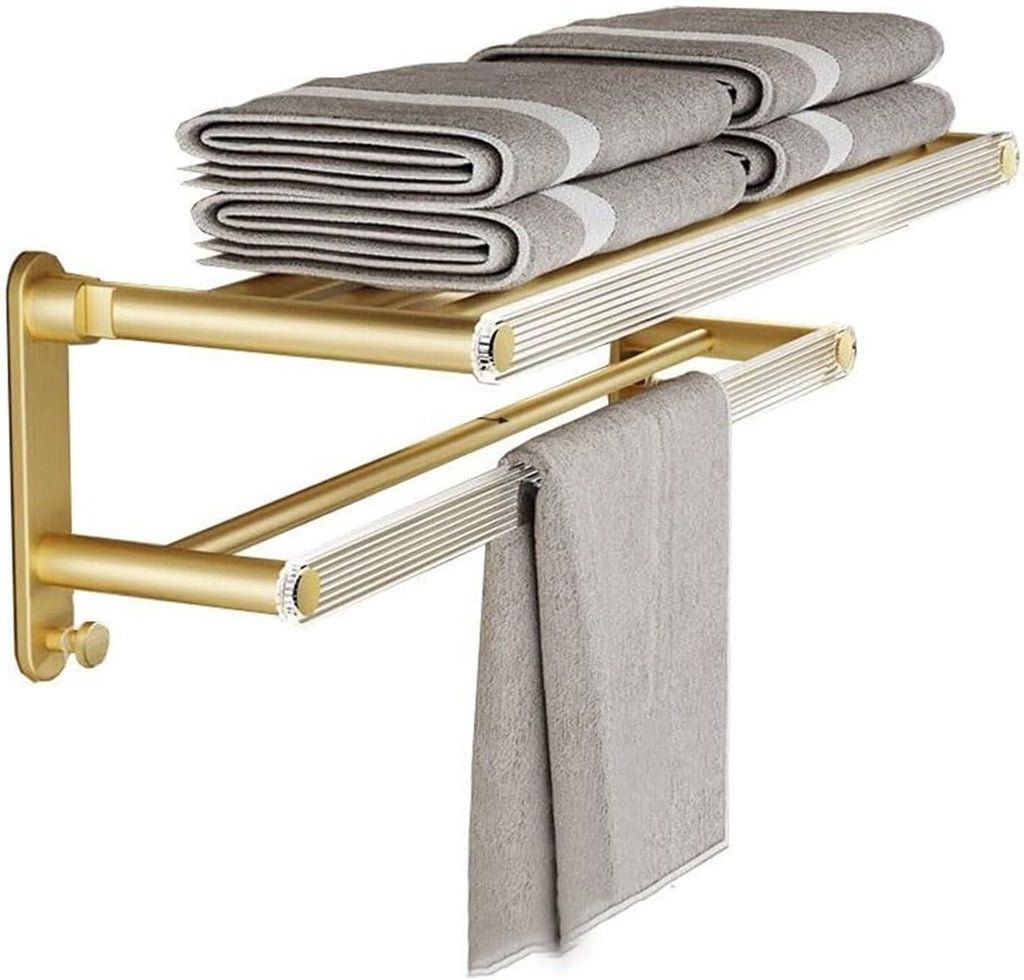 Towel Rails Bathroom Shelves Towel Rack for Bathroom, Wall Mounted Foldable Bath Towel Holder with Double Towel Bar, Gold Aluminum Towel Organizer Towel Storage Hanger Shower Caddy