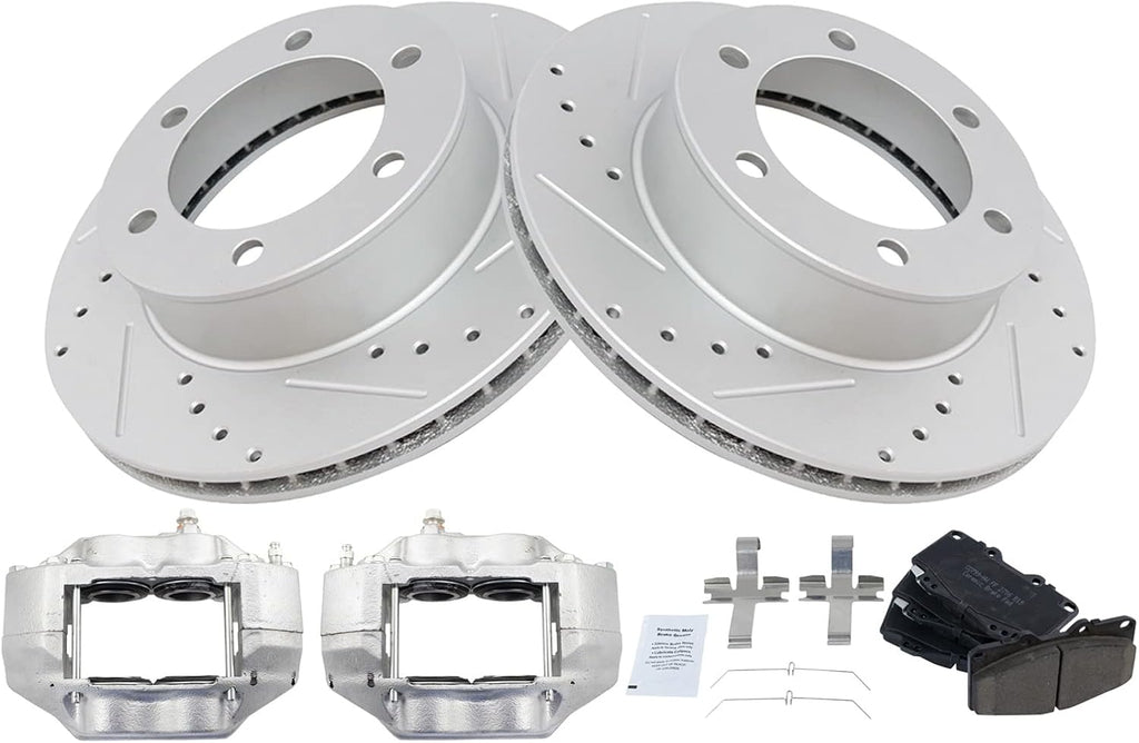 TRQ Performance Front Brake Pad and Rotor Set Ceramic Drilled Slotted Coated Rotors Calipers Compatible with 1999-2004 Toyota Tacoma