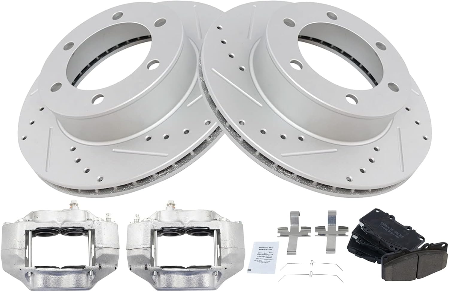 TRQ Performance Front Brake Pad and Rotor Set Ceramic Drilled Slotted Coated Rotors Calipers Compatible with 1999-2004 Toyota Tacoma