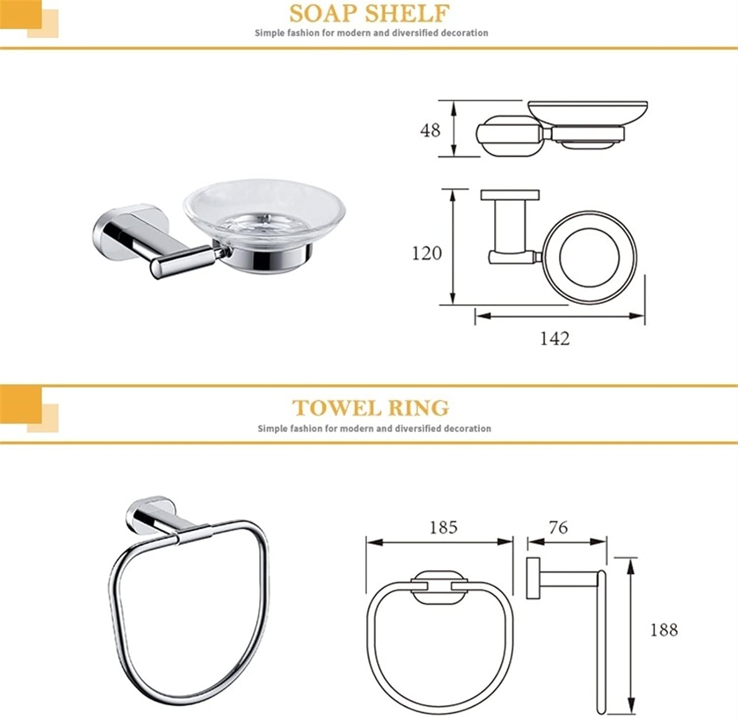 KETTEL Bathroom Accessories, Chrome Polished Bathroom Hardware,Gold Holder Bathroom Accessories，Wall-Mounted Bathroom Rack Accessory ，Fixtures (Color : Glass Shelf)