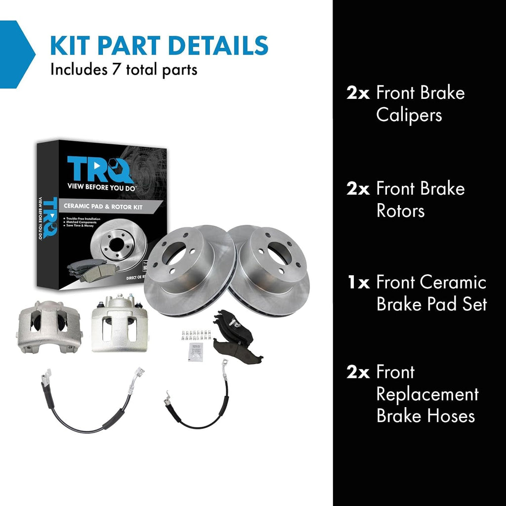 TRQ Front Brake Pad and Rotor Set Ceramic Calipers Hoses Compatible with 1990-1999 Jeep Cherokee 1990-1992 Comanche 1990 Wagoneer 1993-1998 Grand Cherokee 1997-1999 Wrangler