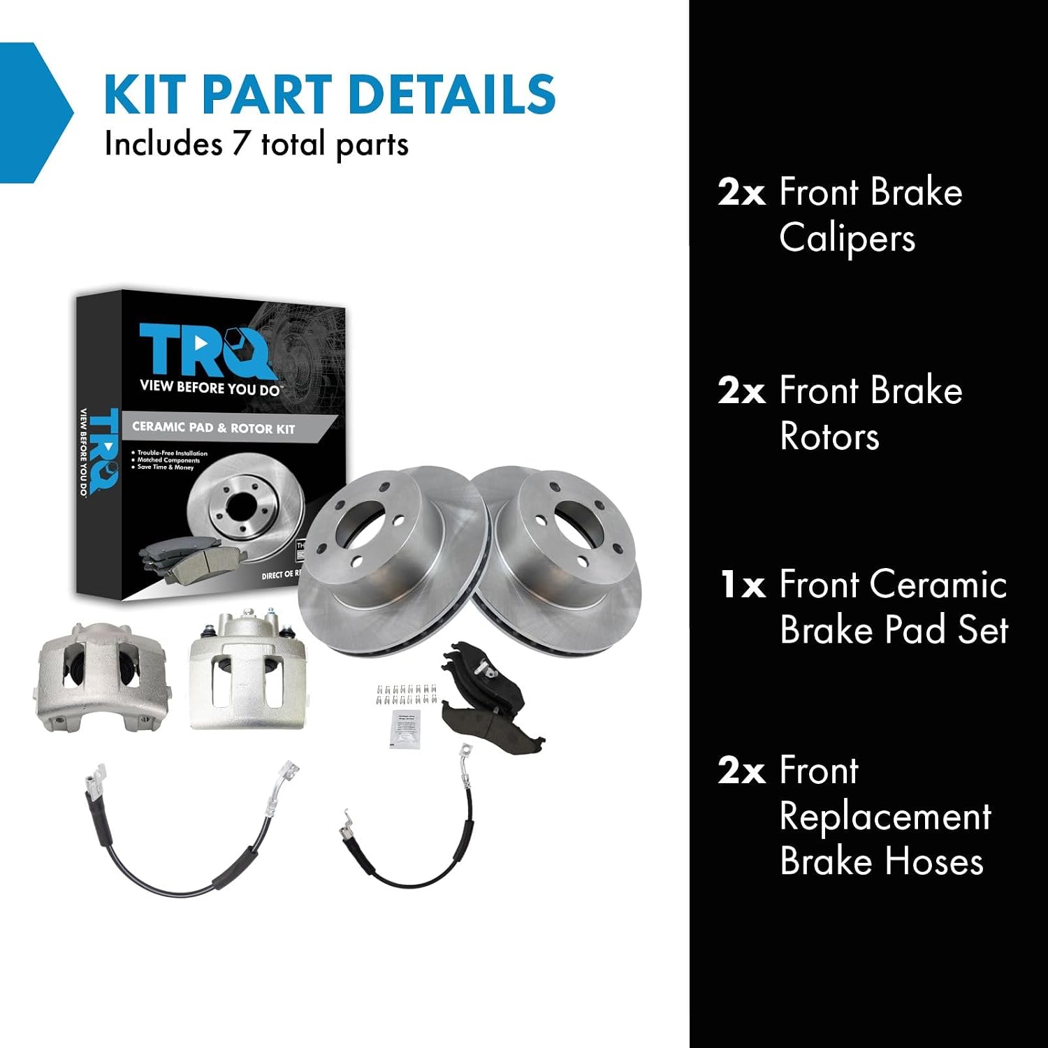 TRQ Front Brake Pad and Rotor Set Ceramic Calipers Hoses Compatible with 1990-1999 Jeep Cherokee 1990-1992 Comanche 1990 Wagoneer 1993-1998 Grand Cherokee 1997-1999 Wrangler