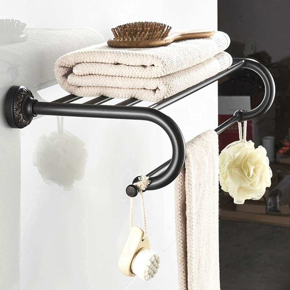 Towel Rack Antique Brass Towel Rail with Double Towel Shelf for Bathroom Wall-Mounted Shower Shelf Organizer Black (Color : Nero)