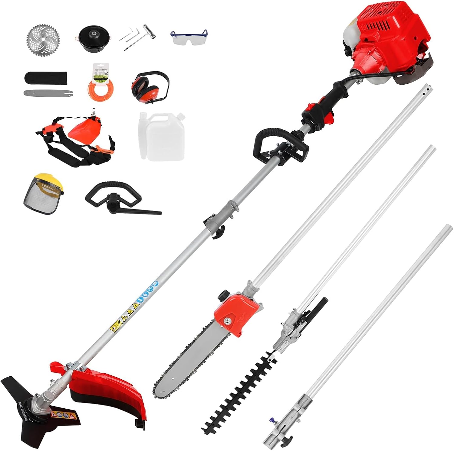 5 in 1 Gas Weed Eater, 52cc 2-Cycle Grass Trimmer & Hedge Trimmer, Brush Cutter, Weed Wacker Gas Powered, Pole Saw with Extension Pole, String Trimmer for Home, Garden, Lawn Care (Red)
