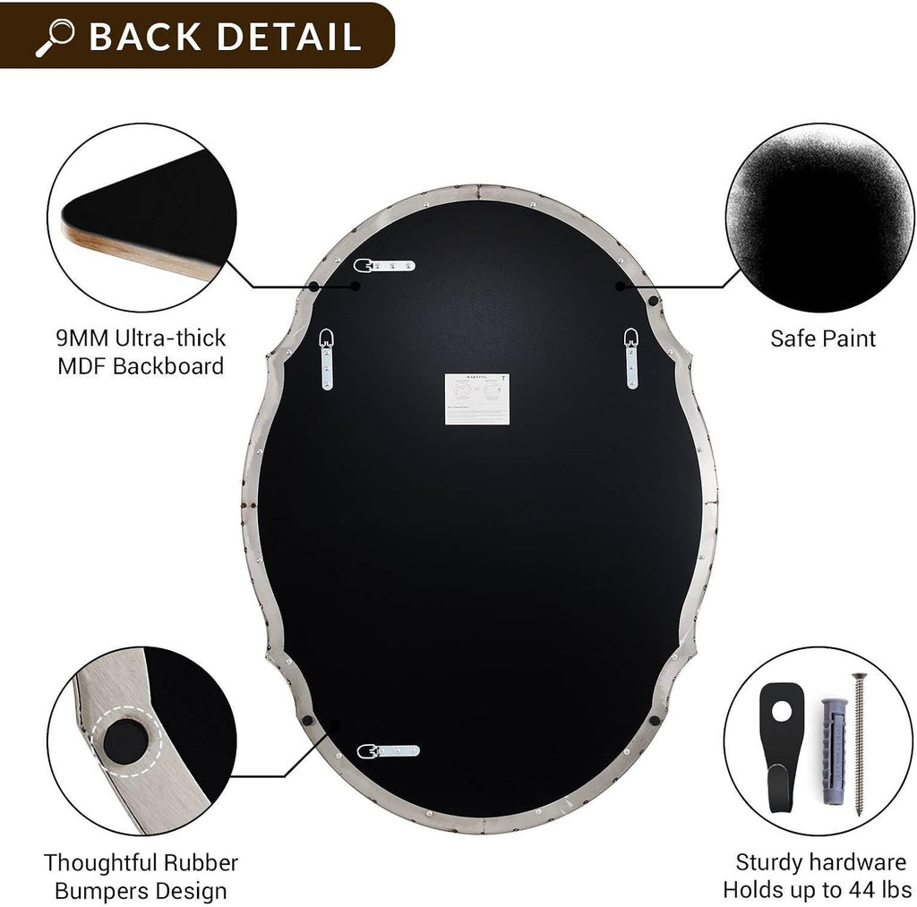 ANDY STAR Large Brushed Nickel Oval Scalloped Mirror 30x40, Silver Oval Bathroom Mirror for Wall, Stainless Steel Framed Mirror for Master Vanity, Entryway, Hallway, Rust-Resistant