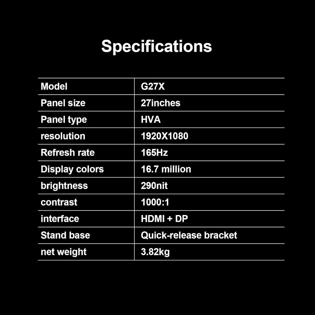 27 Inch FHD (1920x1080) Gaming Office Monitor,165Hz Refresh Rate, HVA Panel Computer Monitor, 1000:1 Contrast Ratio,100% sRGB HDMI and DisplayPort Interfaces (G27X)