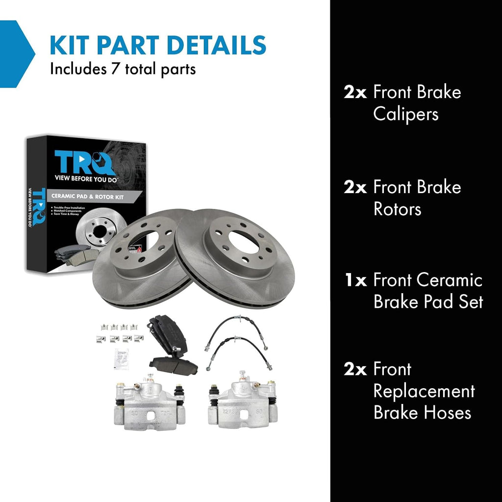 TRQ Front Brake Pad and Rotor Set Ceramic Vented Rotors Calipers Hoses Compatible with 1996-2000 Honda Civic