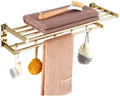 Foldable All Copper Towel Rack with 5 Hooks Wall Mounted Double Towel Shelf for Bathroom Towel Holder with Towel Bar and Hooks 59cm Gold Color,A-gold-59Cm