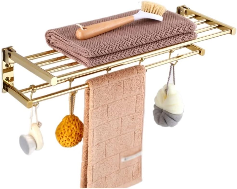 Foldable All Copper Towel Rack with 5 Hooks Wall Mounted Double Towel Shelf for Bathroom Towel Holder with Towel Bar and Hooks 59cm Gold Color,A-gold-59Cm