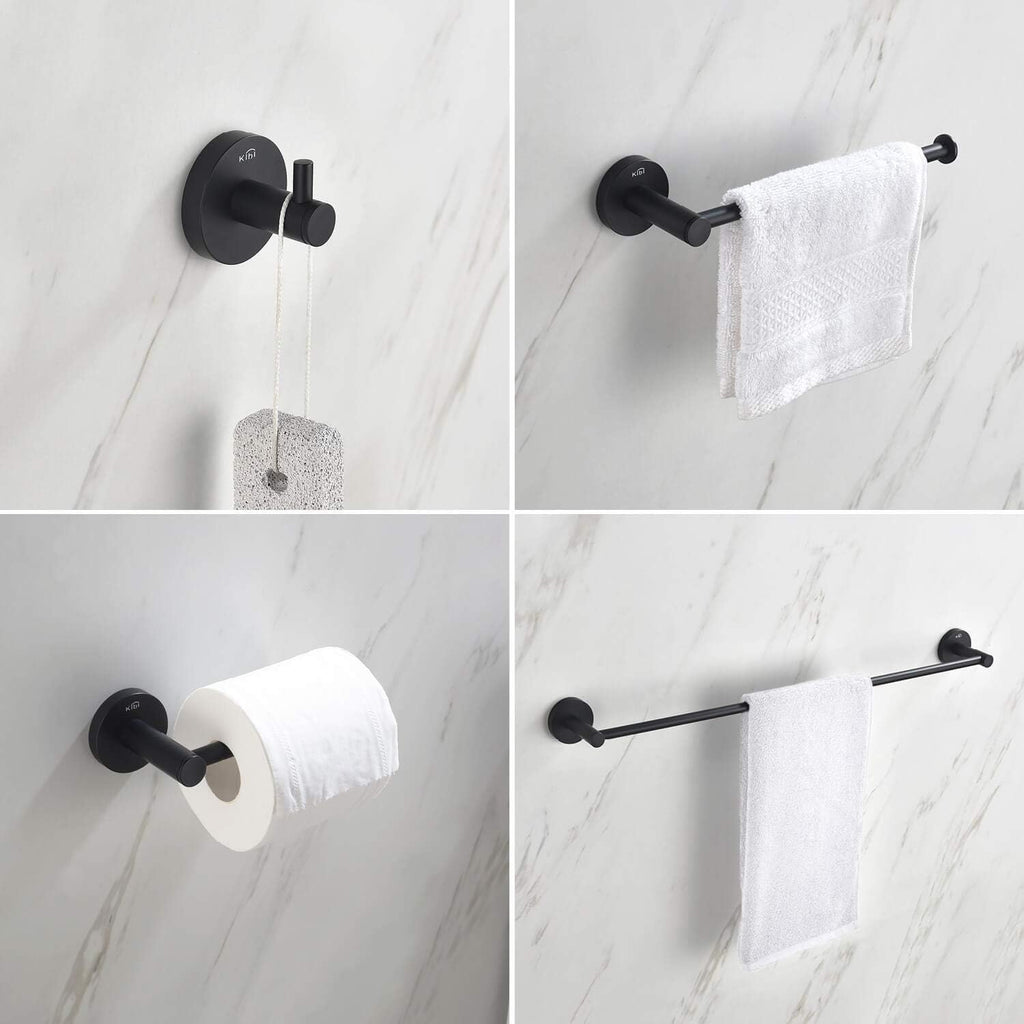 KIBI 4-Piece Circular Bathroom Hardware Set - Matte Black Finish | Includes Towel Bar, Towel Ring, Toilet Paper Holder, and Robe Hook | Durable Solid Brass Construction and Rust-Resistant (C-KBA14-4)