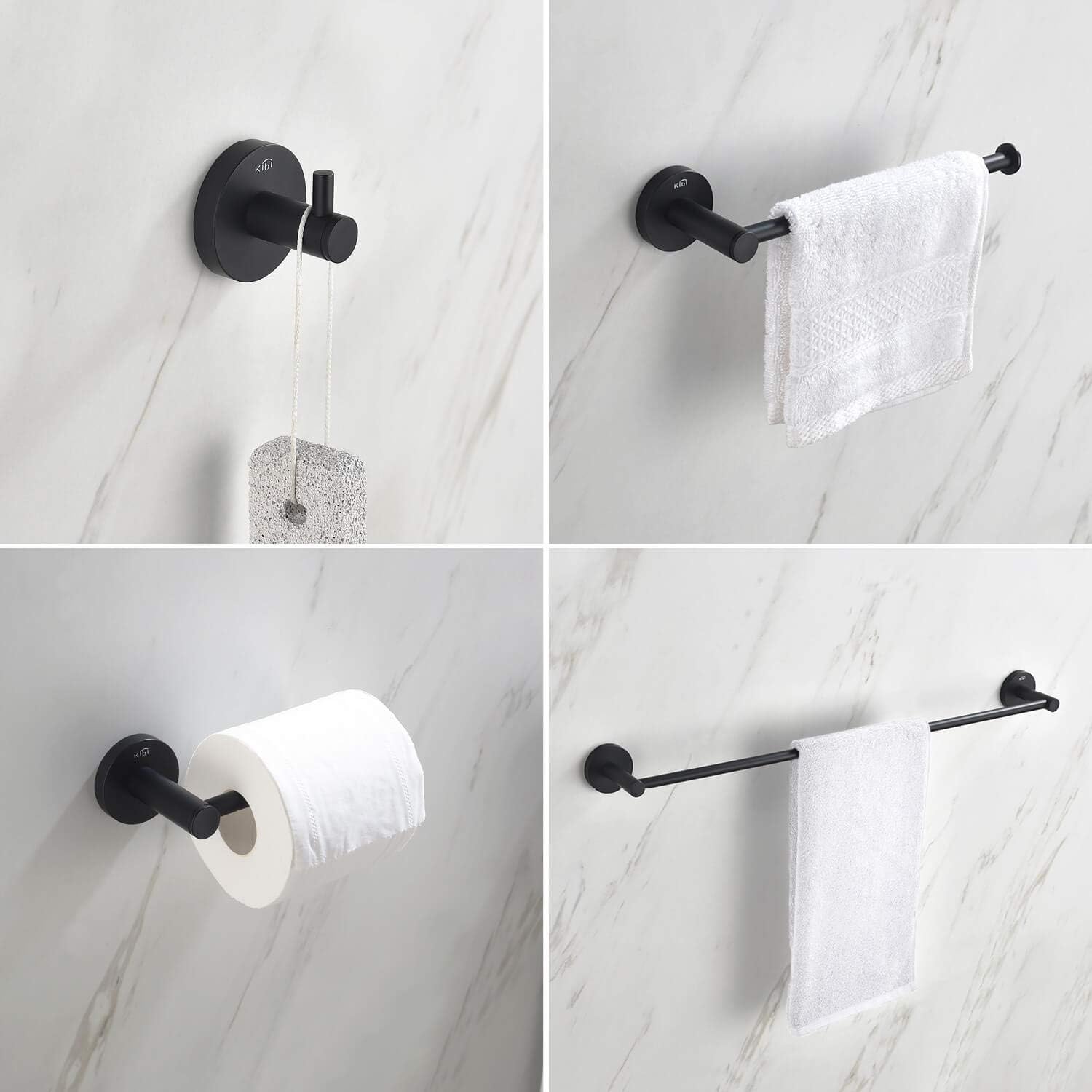 KIBI 4-Piece Circular Bathroom Hardware Set - Matte Black Finish | Includes Towel Bar, Towel Ring, Toilet Paper Holder, and Robe Hook | Durable Solid Brass Construction and Rust-Resistant (C-KBA14-4)
