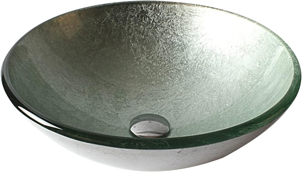 Bathroom Tempered Glass Vessel Sink, Glass Wash Basin, Bathroom Vanity Round Bowl(Silver White)
