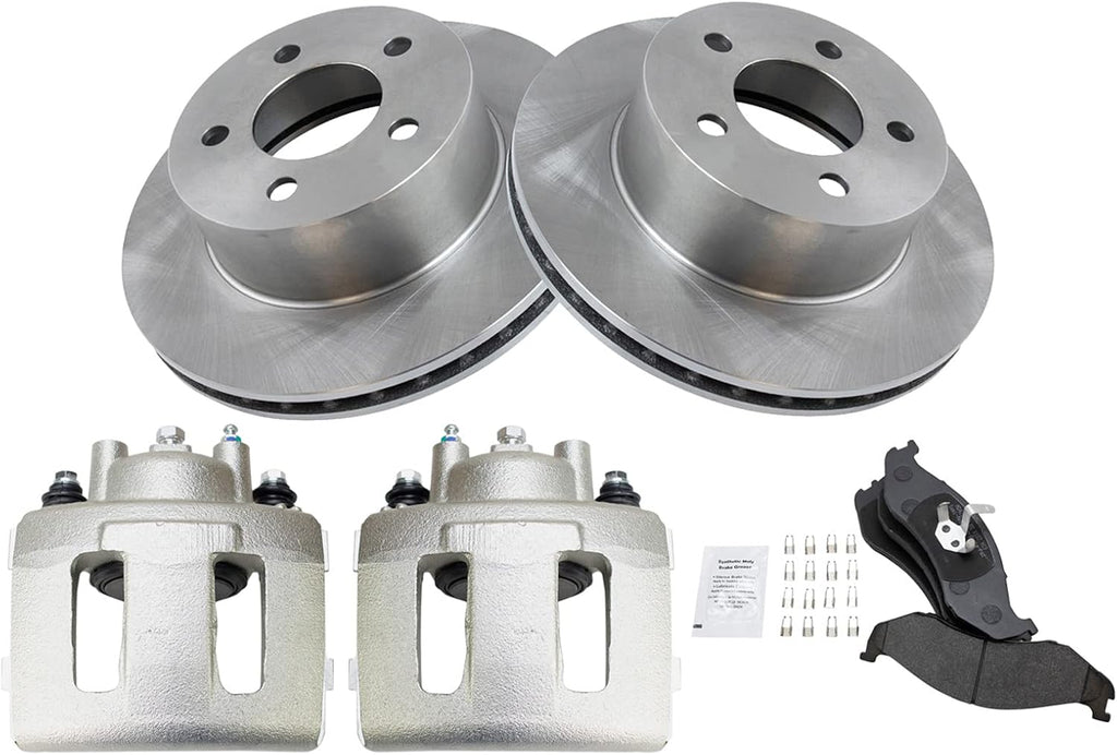 TRQ Front Brake Pad and Rotor Set Semi Metallic Vented Rotors Calipers Compatible with 1991-1998 Jeep Cherokee 1991-1992 Comanche 1993-1998 Grand Cherokee 1991-1999 Wrangler