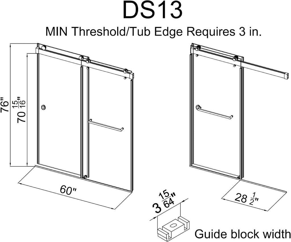 56-60' W x 76' H Single Sided Frosted Shower Doors Soft Close Double Sliding Frameless 3/8'(10mm) Tempered Glass with Towel Bar Handle (Brushed Gold)