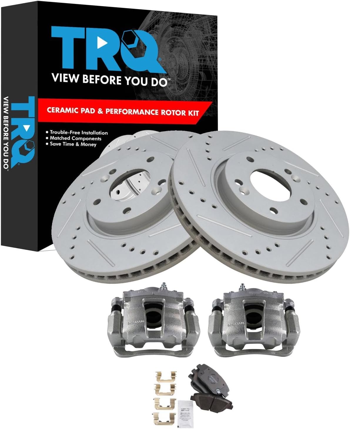 TRQ Performance Front Brake Pad and Rotor Set Ceramic Vented Coated Slotted Drilled Rotors Calipers Compatible with 2011-2014 Hyundai Sonata