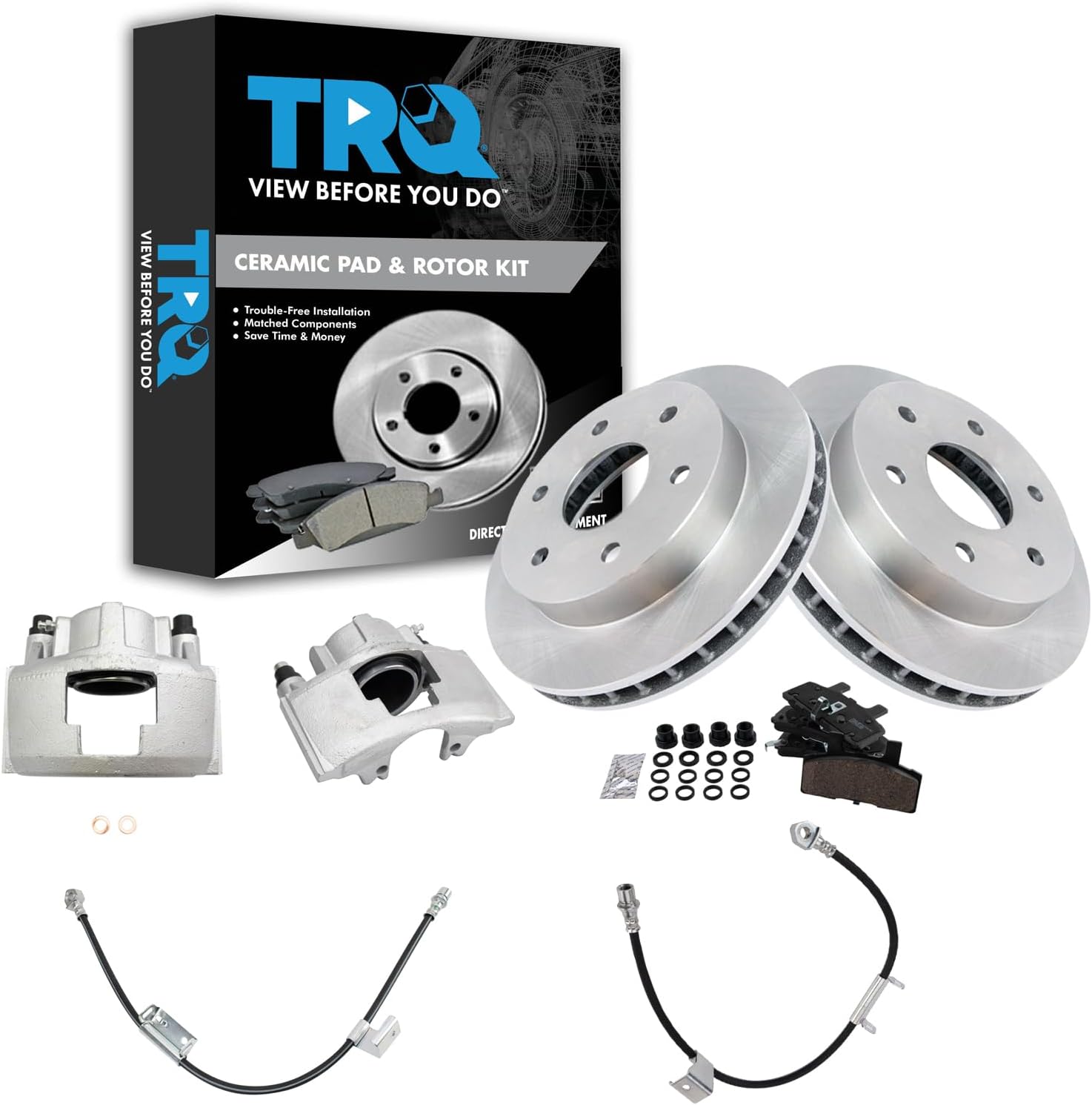 TRQ Front Brake Pad and Rotor Set Ceramic Rotors Calipers Hoses Compatible with 2000 Cadillac Escalade