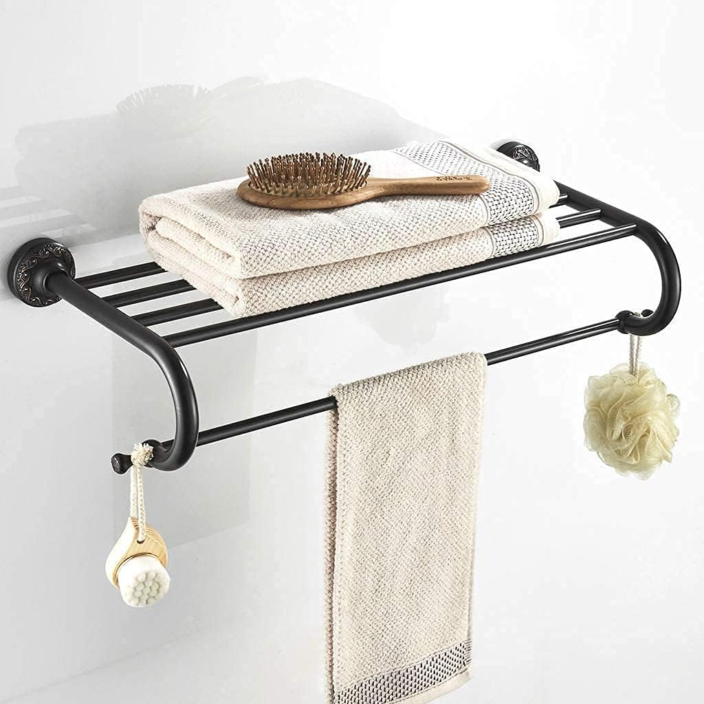 Towel Rack Antique Brass Towel Rail with Double Towel Shelf for Bathroom Wall-Mounted Shower Shelf Organizer Black (Color : Nero)