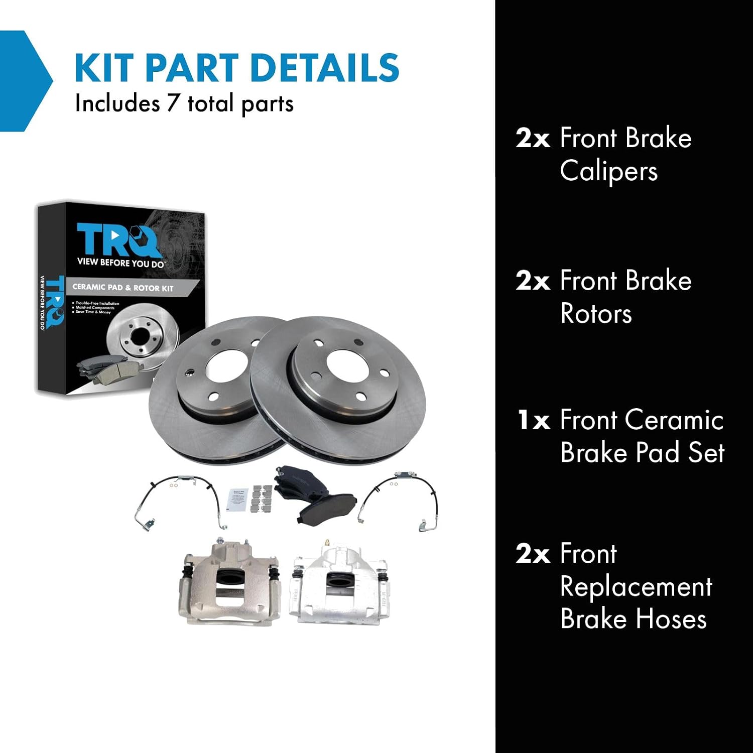 TRQ Front Brake Pad and Rotor Set Ceramic Rotors Calipers Hoses Compatible with 2011-2017 Jeep Wrangler 2018 Wrangler JK
