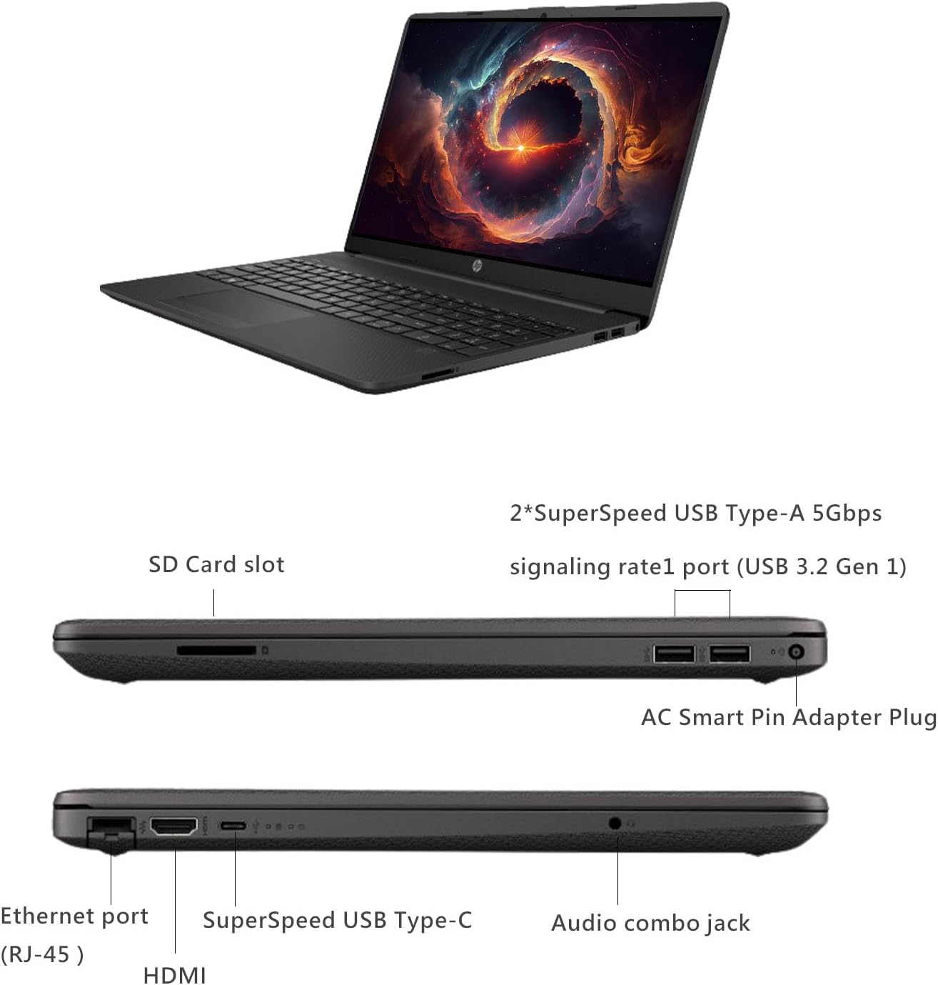 HP 15.6' FHD Laptop, Business & Fun, 16GB RAM, 512GB SSD, AMD Ryzen 5 5500U Processor(Beats i7-1250U), Ethernet RJ-45, SD Card Reader, WiFi 6, Windows 11 Pro, WOWPC Recovery USB