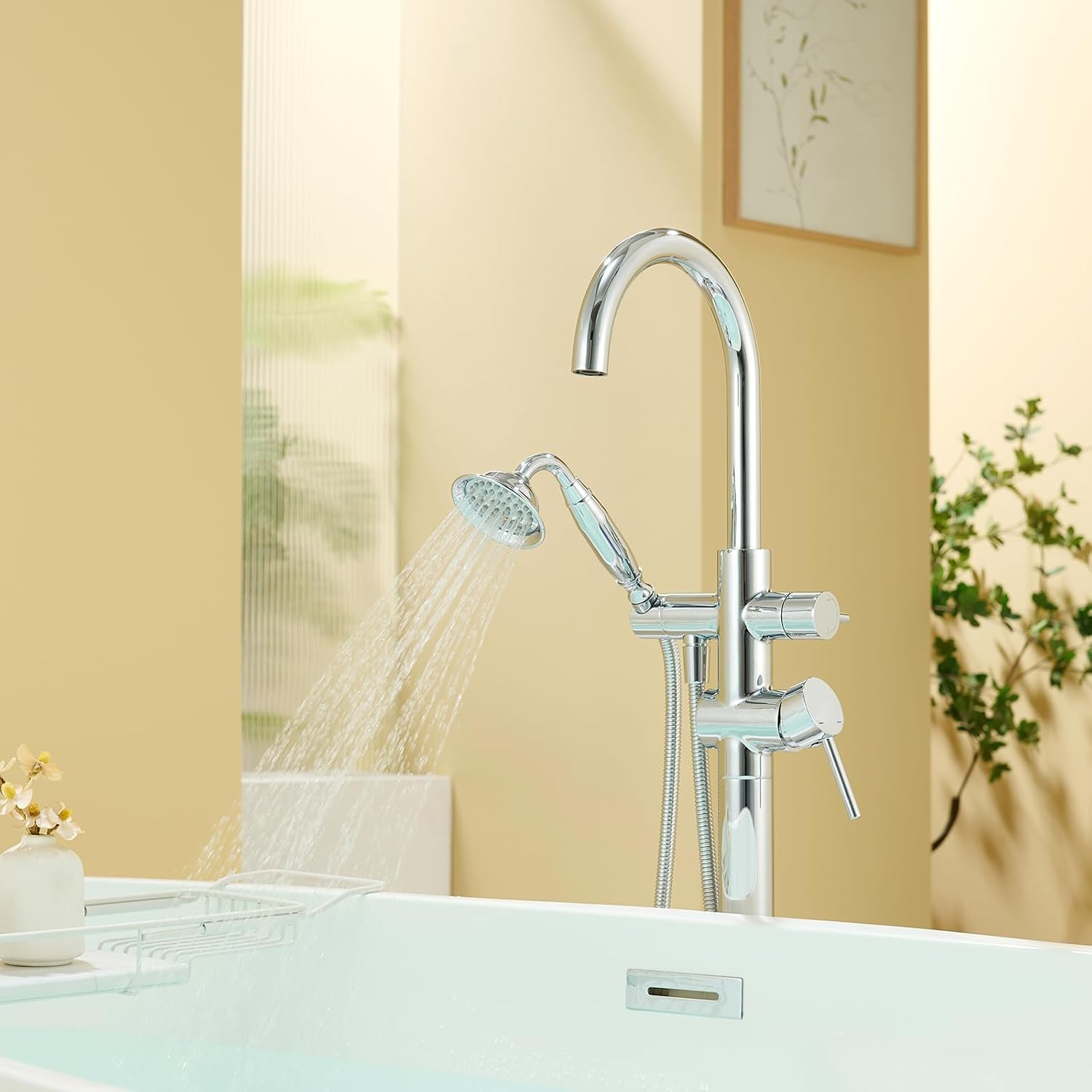 Wowkk Tub Filler Freestanding Bathtub Faucet Chrome Floor Mounted Brass Bathroom Tub Faucets with Hand Shower