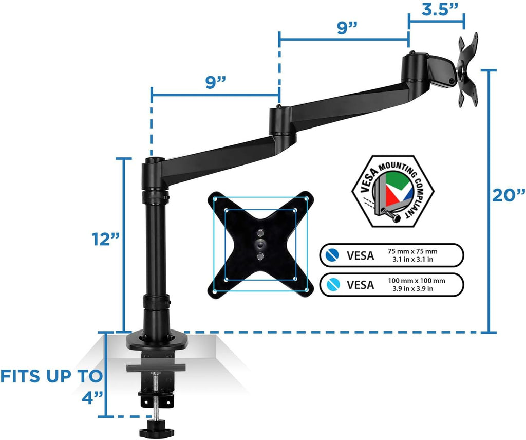 Mount-It! Premium Modular Monitor Desk Mount Arm Stand | Single Tilt Swivel Arm Fits 19 21.5 24 27 32 Inch Computer Screens with 75 100 VESA Patterns | C-Clamp and Grommet Bases | Black