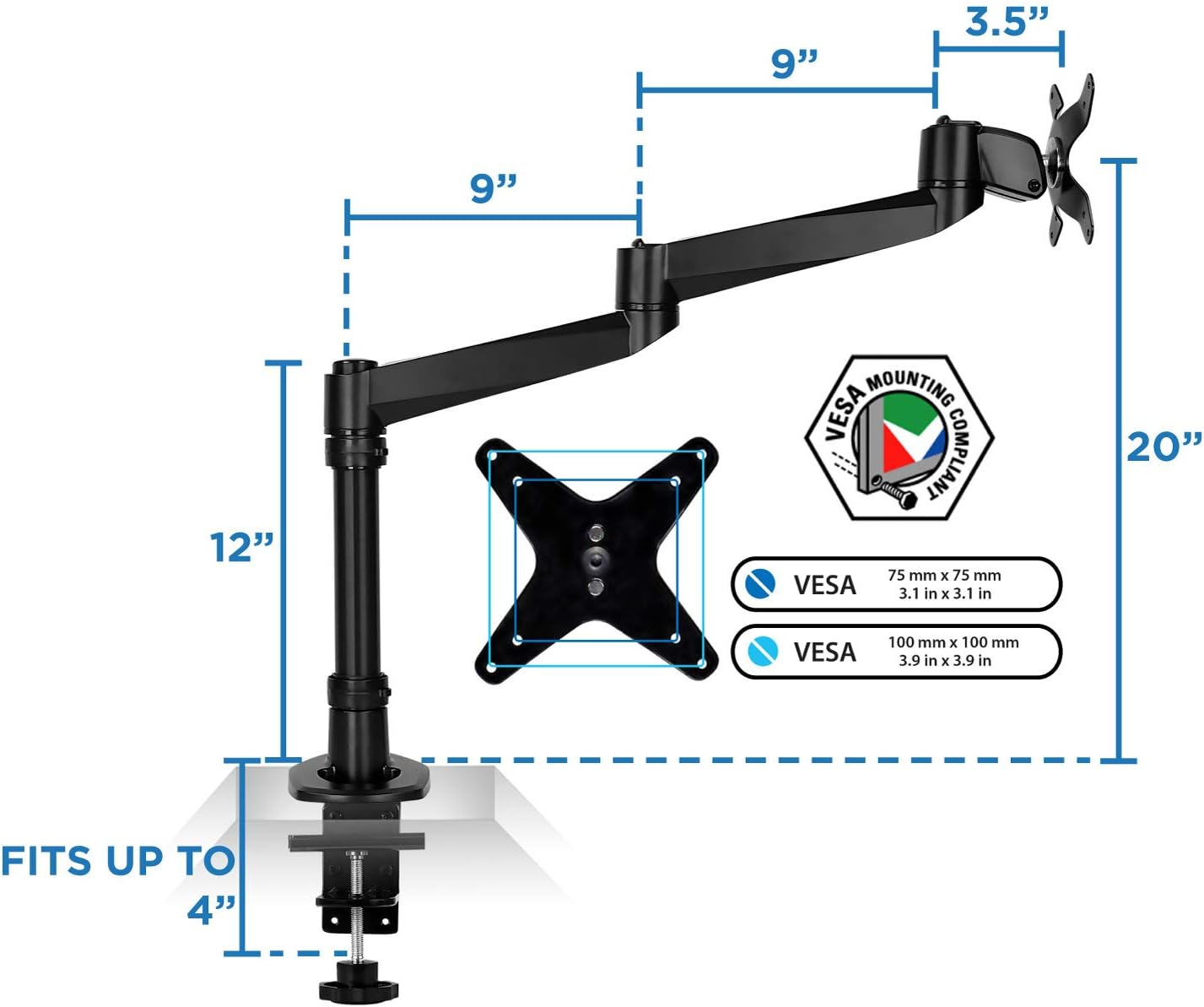 Mount-It! Premium Modular Monitor Desk Mount Arm Stand | Single Tilt Swivel Arm Fits 19 21.5 24 27 32 Inch Computer Screens with 75 100 VESA Patterns | C-Clamp and Grommet Bases | Black