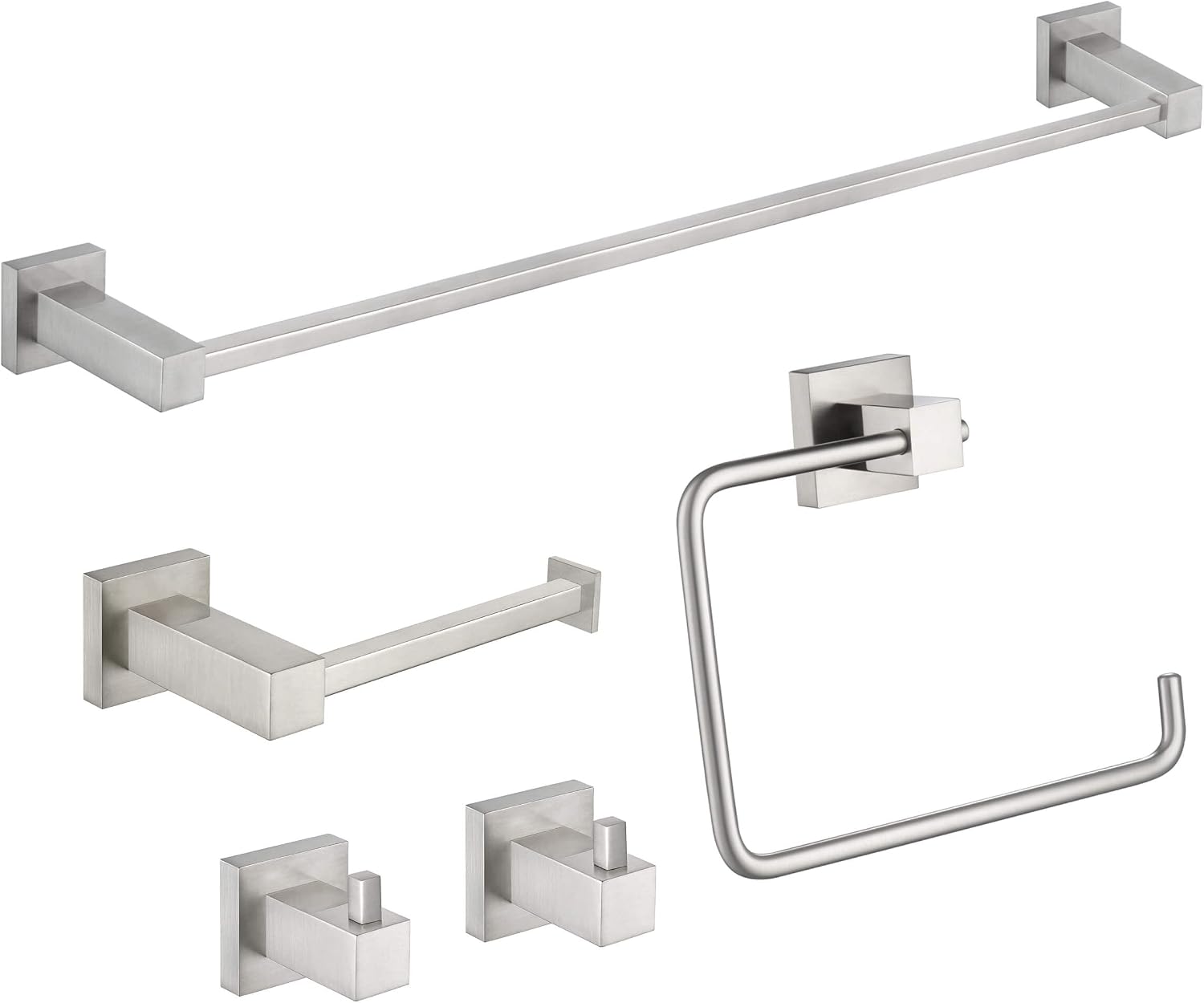 KIBI Cube 5-Piece Brushed Nickel Bathroom Hardware Set – Bath Accessories Kit, Premium Brass, Includes Towel Bar, Towel Ring, Toilet Paper Holder, Robe Hook & Towel Hook for Bathroom Wall, C-KBA15-5-1